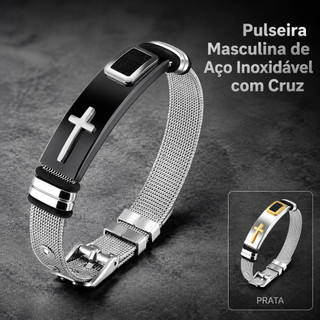 Pulseira Bracelete Masculino Cruz Malha Aço Inoxidável Ajustável Antialérgico Preto Dourado