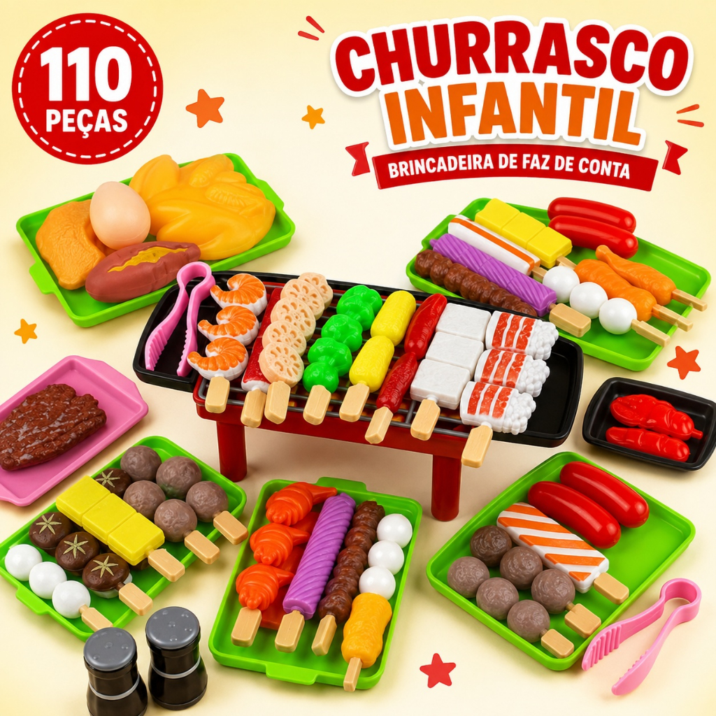 110 Pçs Kit Churrasco Infantil com Grelha Alimentos e Utensílios Brinquedos Cozinha Faz de Conta Educativo para Crianças