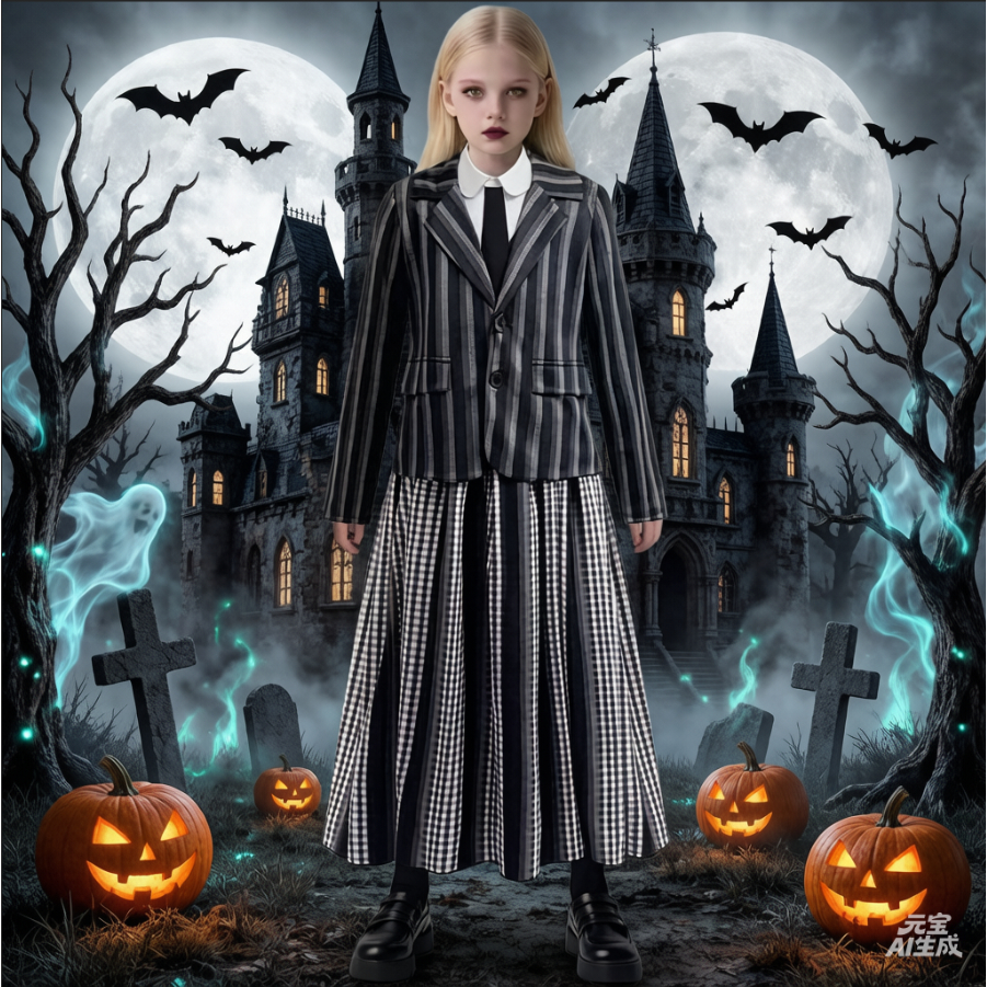 Fantasia De Menina Preto Listrado Casaco + Camiseta + Saia Conjuntos De Peças Para Crianças Halloween Cosplay Traje Vest