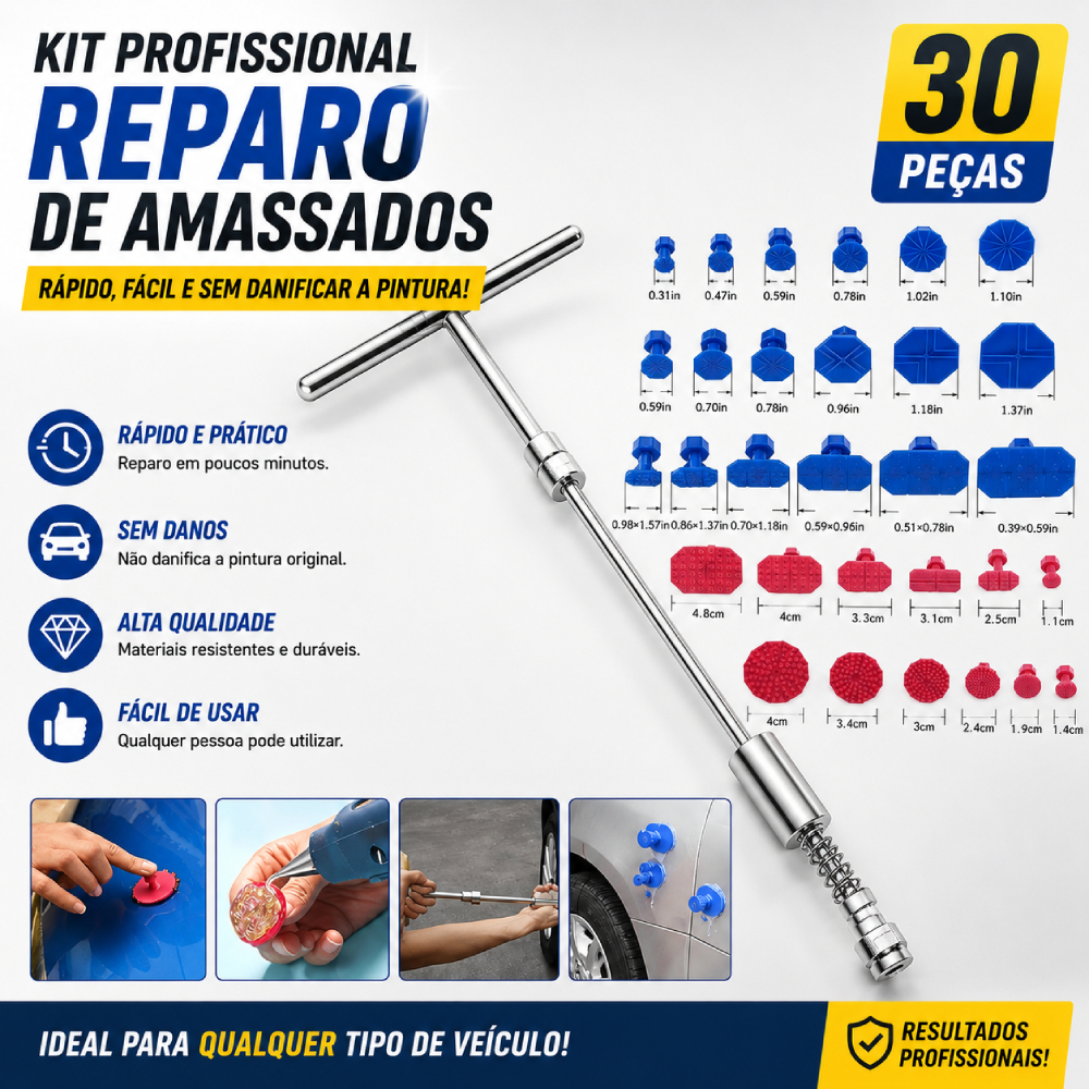 Kit de Repuxadeira Amassados de Carro Alumínio T-Shaped e 30 Ventosas