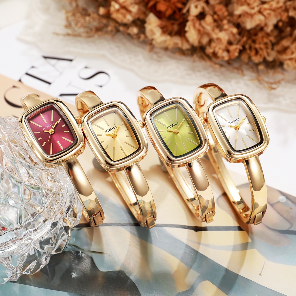 Moda Feminina Relógio De Ouro Quadrado Dial Barra Marcador Minimalista Pulseira Manguito Elegante Pulso De Quartzo Para