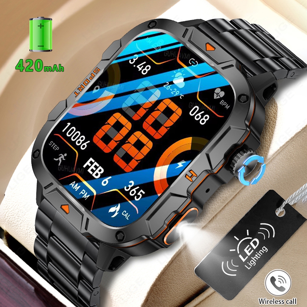 LIGE LED UV relógio inteligente masculino HD tela de 1,96 "com lanterna 100+ esportes à prova d'água