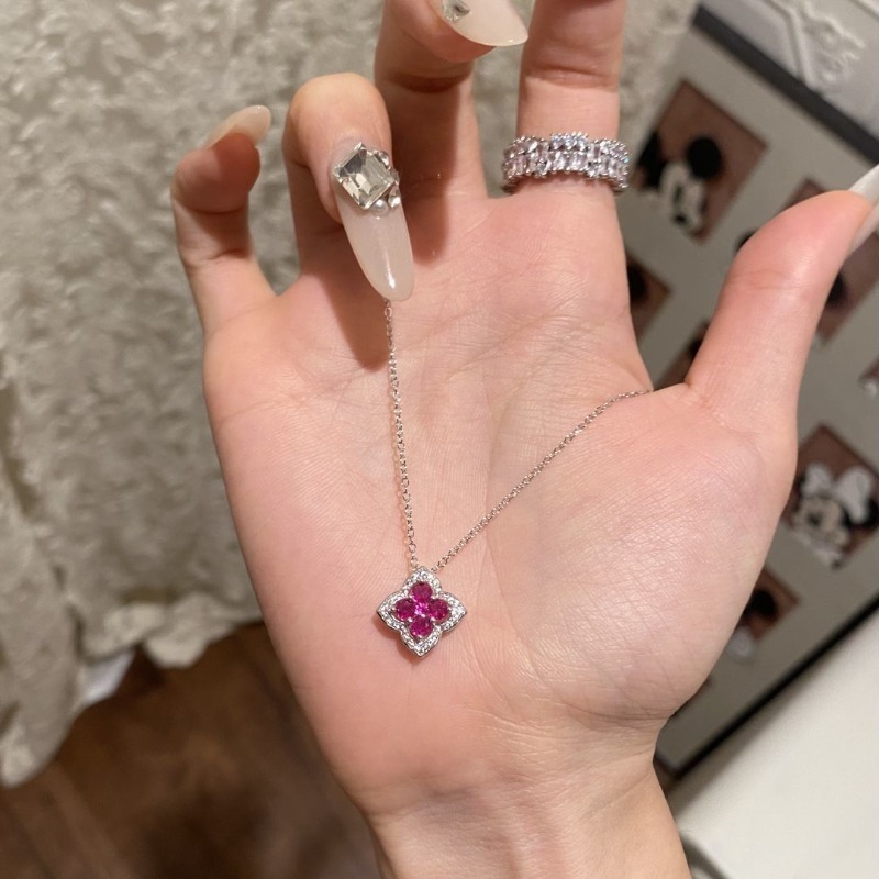 Conjunto De Joias De Trevo Rosa-Vermelho Vintage , Colar E Pulseira De Zircônia Totalmente Pavimentada , Acessórios Deli