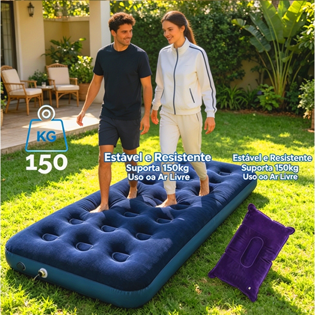 Colchão Inflável Solteiro Suporta Até 150kg Camping Praia 73cm×191cm×22cm
