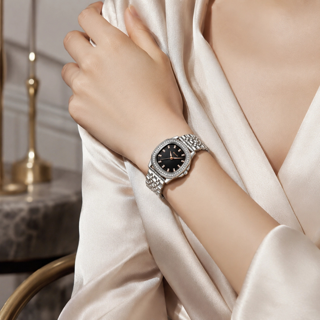 SKMEI 9439 Relógio Feminino Analógico de Quartzo Pulseira de Aço Moldura Cravejada Elegante para Presente — imagem 2 de 2