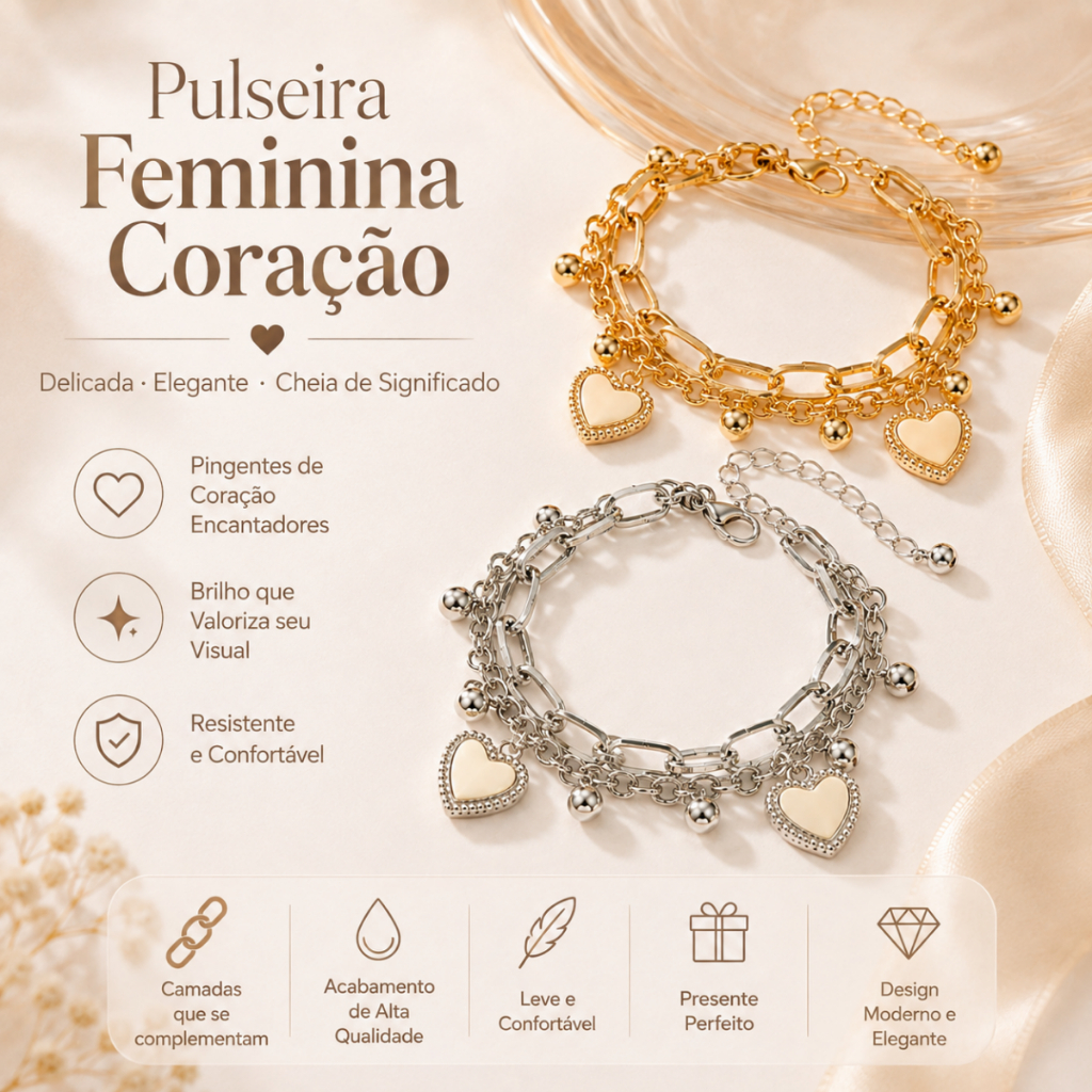 Pulseira Feminina de Aço Inoxidável com Pingente de Coração – Delicada Ajustável Antialérgica