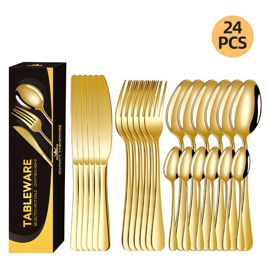 24 Talheres Individuais Faca Garfo Colher Sobremesa Inox Para Cozinha Dourado