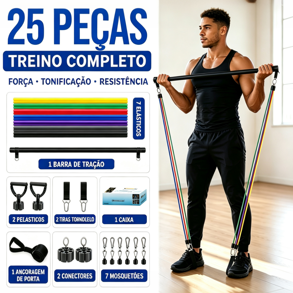 Imagem Kit 25 Itens Treino em Casa: Elásticos Extensor + Barra Pilates + Faixas Mini Band+Acessórios Completos para Musculação