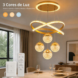 Luminária de Teto Lustre Pendente LED Moderno com Três Cores de Luz para Sala, Quarto, Cozinha e Ambientes Internos
