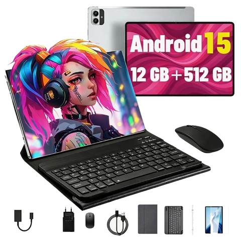 Pad 12 Tablet 12GB RAM 512GB ROM  Android 15 com capa protetora, 10.1 polegadas, câmera de 16 MP + 32 MP,10000mAh