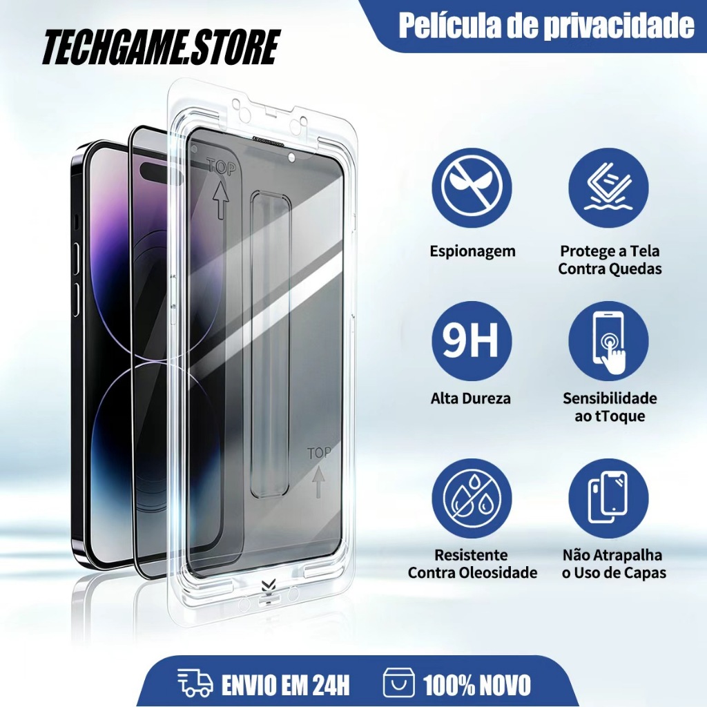 Película Vidro Temperado Anti‑Espião 9H HD for iPhone 17/16/15/14/13/12/11/XS Pro Max, Anti‑Explosão e Anti‑Risco