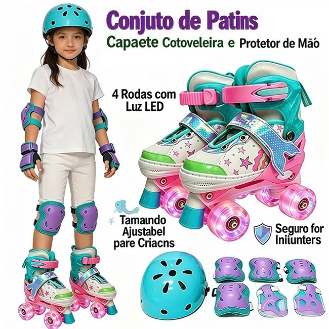 Patins Infantil Ajustável 4 Rodas com Luz LED + Capacete e Kit Proteção