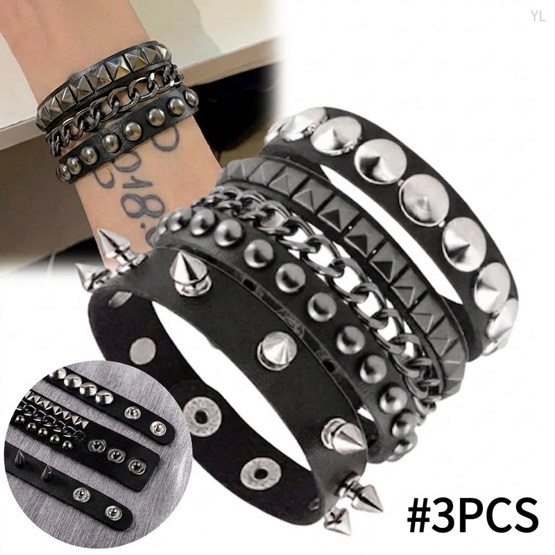 Kit 3 Pulseiras de Couro Punk Rock Gótica com Spikes Rebites Unissex Ajustável