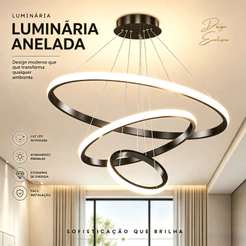 Lustre Pendente LED de 3 Anéis Bivolt Design Moderno Sofisticado para Sala de Estar Sala de Jantar e Quarto