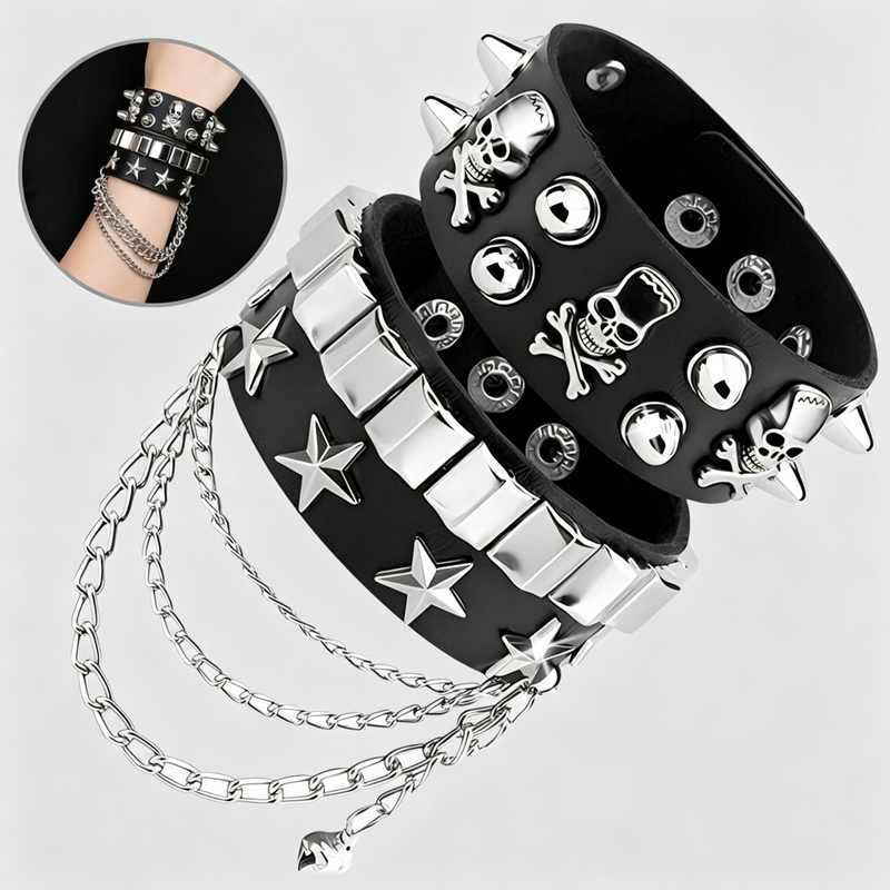 Kit 3 Pulseiras de Couro Punk Rock Gótica com Spikes Rebites Corrente Unissex Ajustável