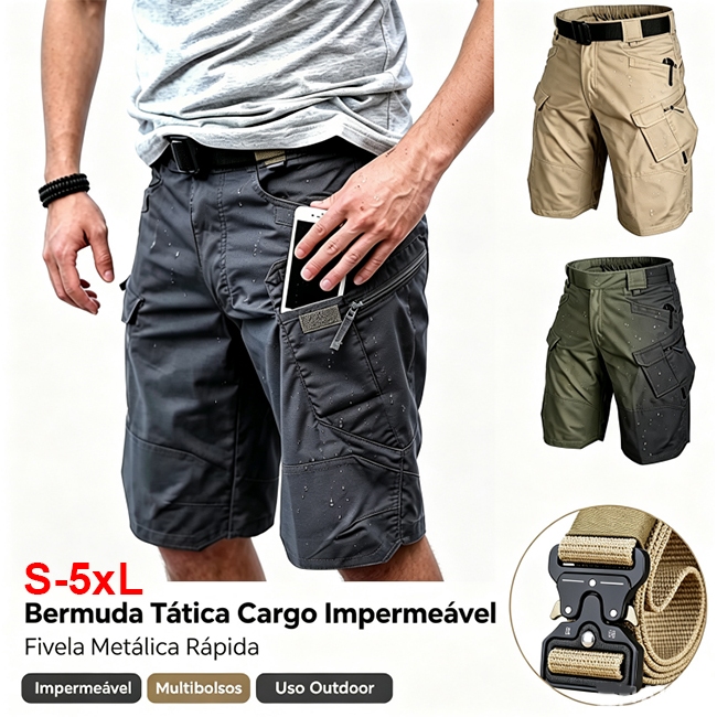 Bermuda Tática Cargo Masculina Impermeável, Fivela Metálica Rápida, Multibolsos, Shorts para Camping Uso Outdoor Tamanho