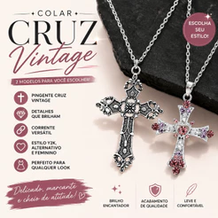 Colar Feminino Cruz Vintage com Strass Y2K Pingente Prateado Corrente Estilosa