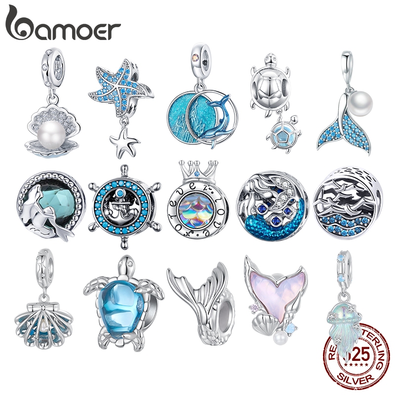 Bamoer Nova Chegada 925 Sterling Silver Underwater World Peixe Rodada Charme Beads Fit Pulseiras Colares Fazer Jóias