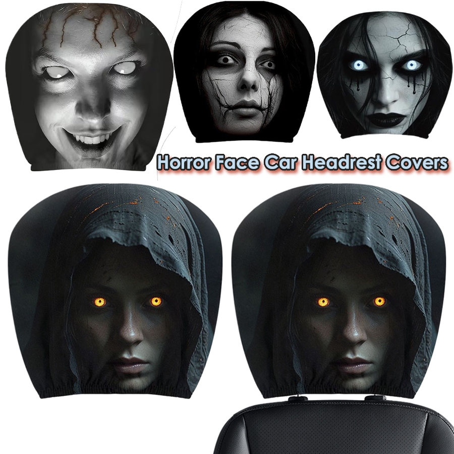 2 Peças Elásticas Capas De Encosto De Cabeça Do Carro Halloween Horror Rosto Impressão À Prova De Poeira Assento Automát