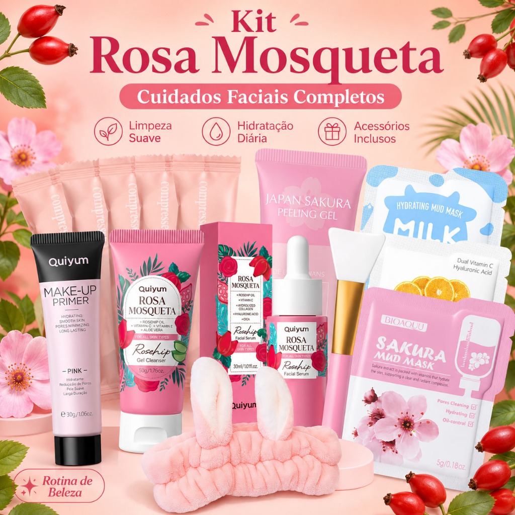 Kit Skincare QUIYUM 14 Itens Rosa Mosqueta e Sakura Limpeza Máscaras Sérum e Acessórios