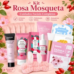 Kit Skincare QUIYUM 14 Itens Rosa Mosqueta e Sakura Limpeza Máscaras Sérum e Acessórios