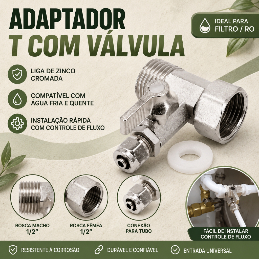 Adaptador Purificador Água 1/2→1/4 - Torneira FAH e Tubulação Compatível