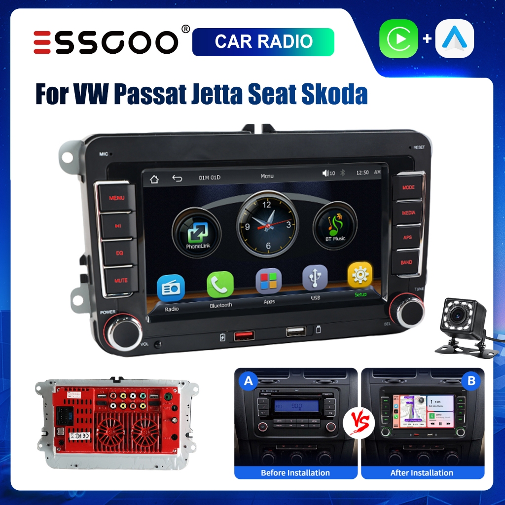 ESSGOO Rádio Automotivo 7" Tela IPS CarPlay Android Auto AM FM BT GPS Para Volkswagen Passat Jetta Seat Skoda
