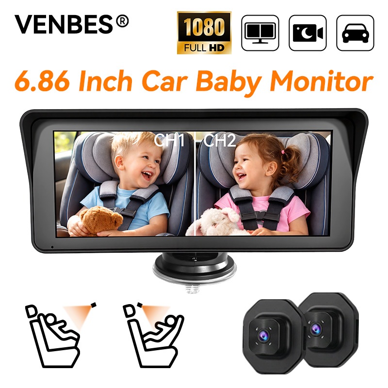 Monitor Infantil De Carro VENBES 6.86'Full HD 1080P Com Câmeras Duplas E Brilho Ajustável
