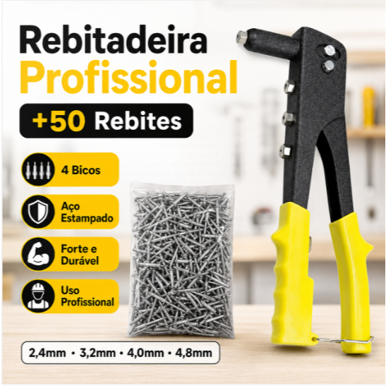 Rebitadeira Manual Profissional Alicate Rebitador 9,5 pol 24cm 4 Bicos + 50 Rebites