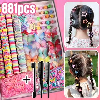 Conjunto com 875-881pcs de elásticos de cabelo coloridos mistos com clipes em forma de estrela para penteados