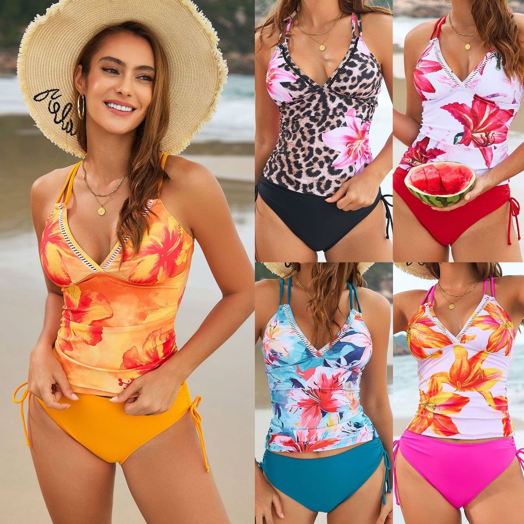 Conjunto De Biquíni Feminino De 2 Peças Com Estampa Floral , Maiôs Cruzados Nas Costas Para Férias Na Praia De Verão