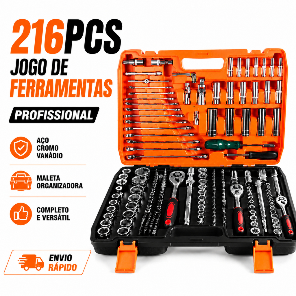 Kit jogo de ferramentas 216 pçs profissional original mecânico em aço cr-v cromo vanádio resistente - Envio Rápido
