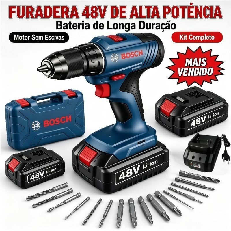 Profissionais Furadeira parafusadeira Bosch Original GSB 6-115 48v 1900 r.p.m  Broca de choque 2 Baterias