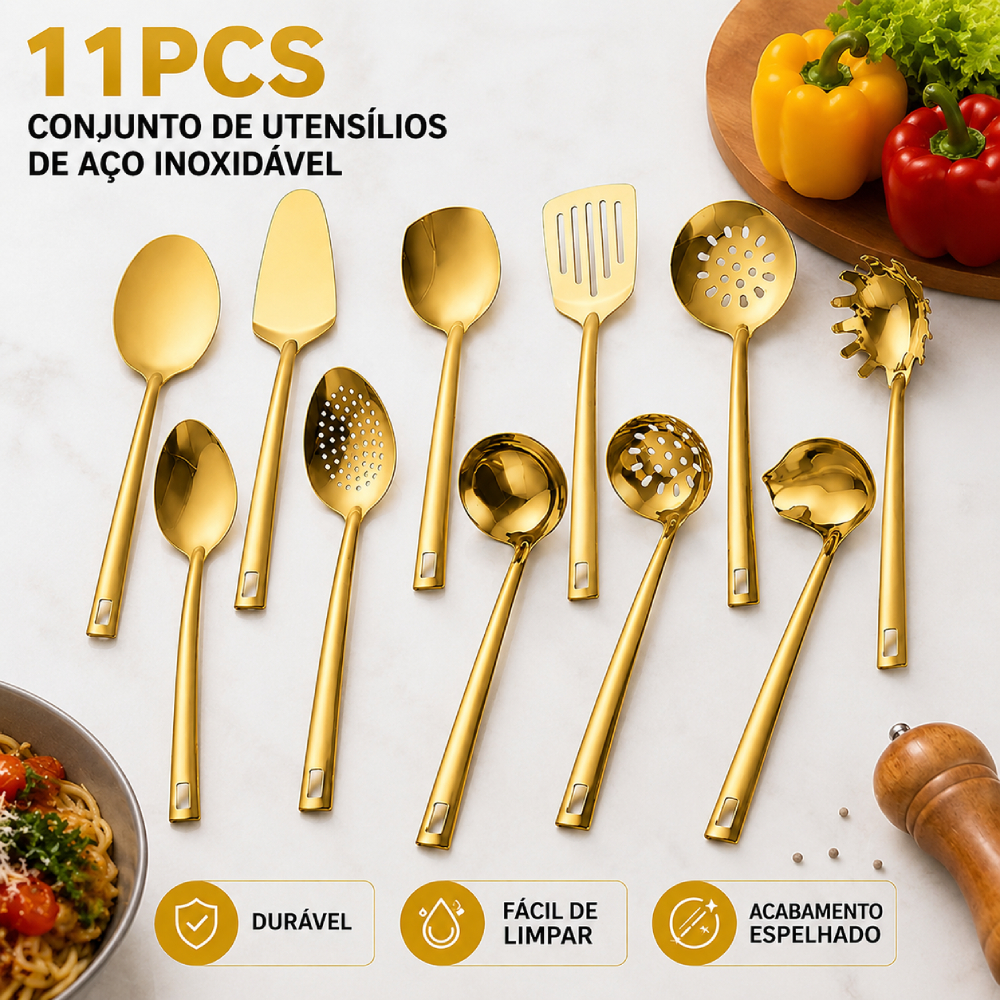 Kit 11 Peças Utensílios de Cozinha em Aço Inoxidável Dourado - conjunto de utensílios de cozinha