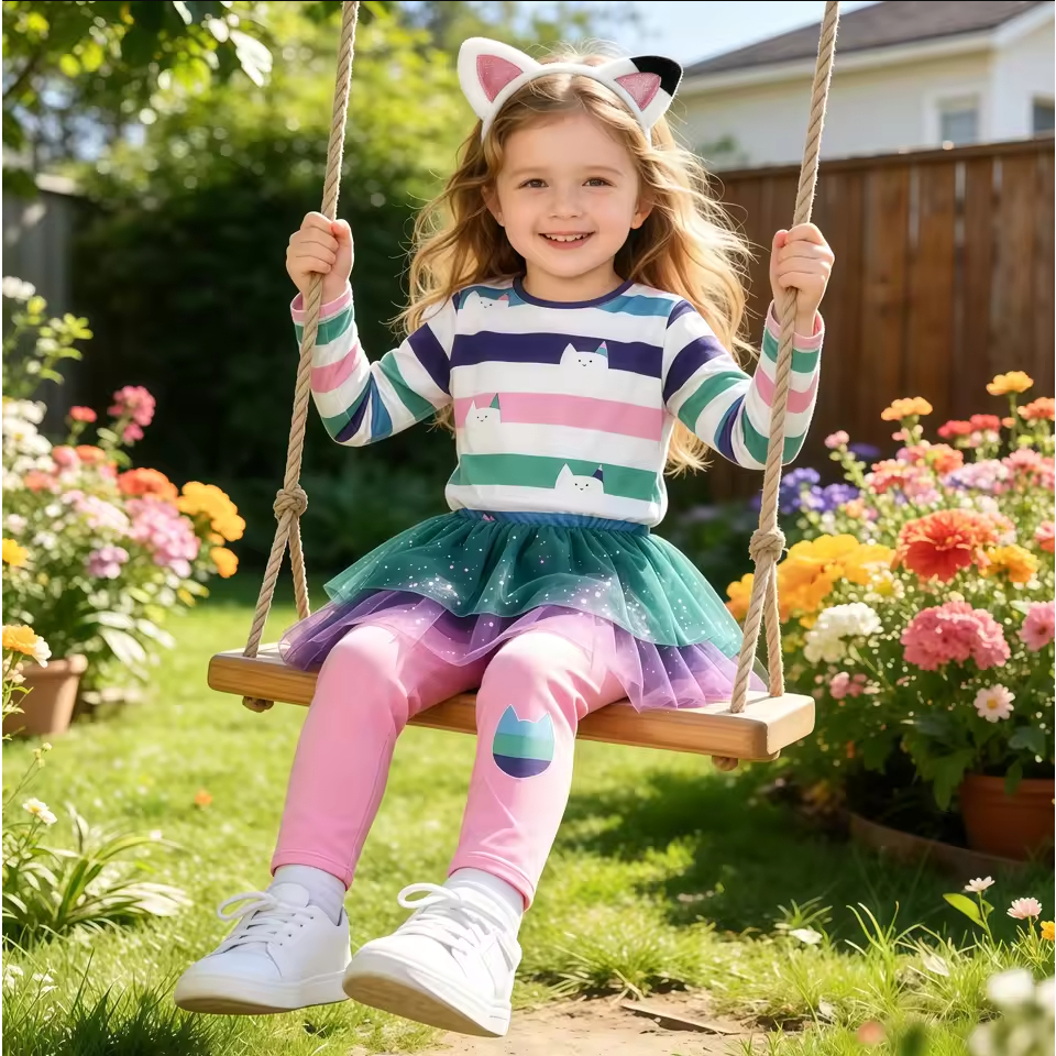 Meninas Dos Desenhos Animados Conjunto De Manga Longa Gatos Listrado Arco-Íris Tutu Vestido Topo Com Calças Para Criança