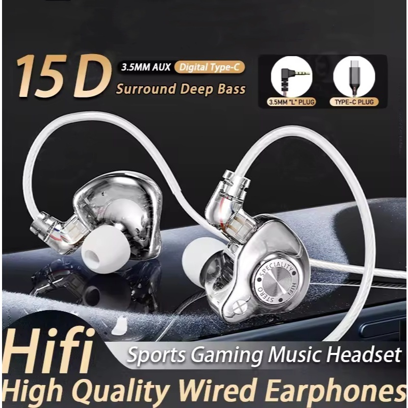 Fones De Ouvido Dinâmicos Intra-Auriculares HIFI Bass Earbuds Type C 3.5MM Esportivos Com Cancelamento De Ruído