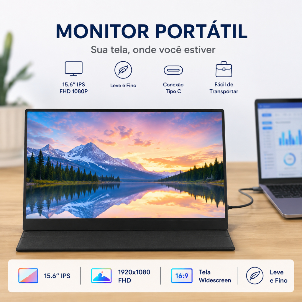 Monitor Portátil 15,6" Full HD 1080p IPS USB-C Mini HDMI 60Hz para Notebook PC com Capa