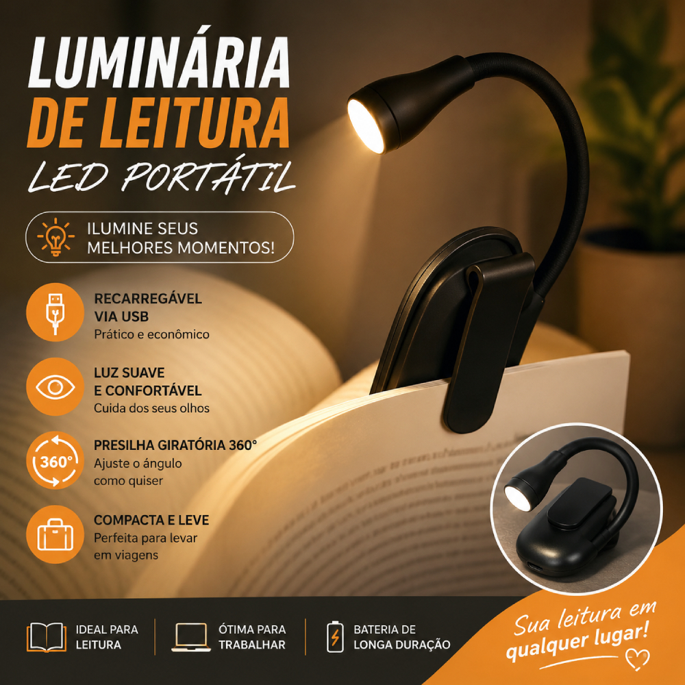 Luz De Leitura Recarregável Luminaria Led Ajustável 360 ° De Livro Com Clipe