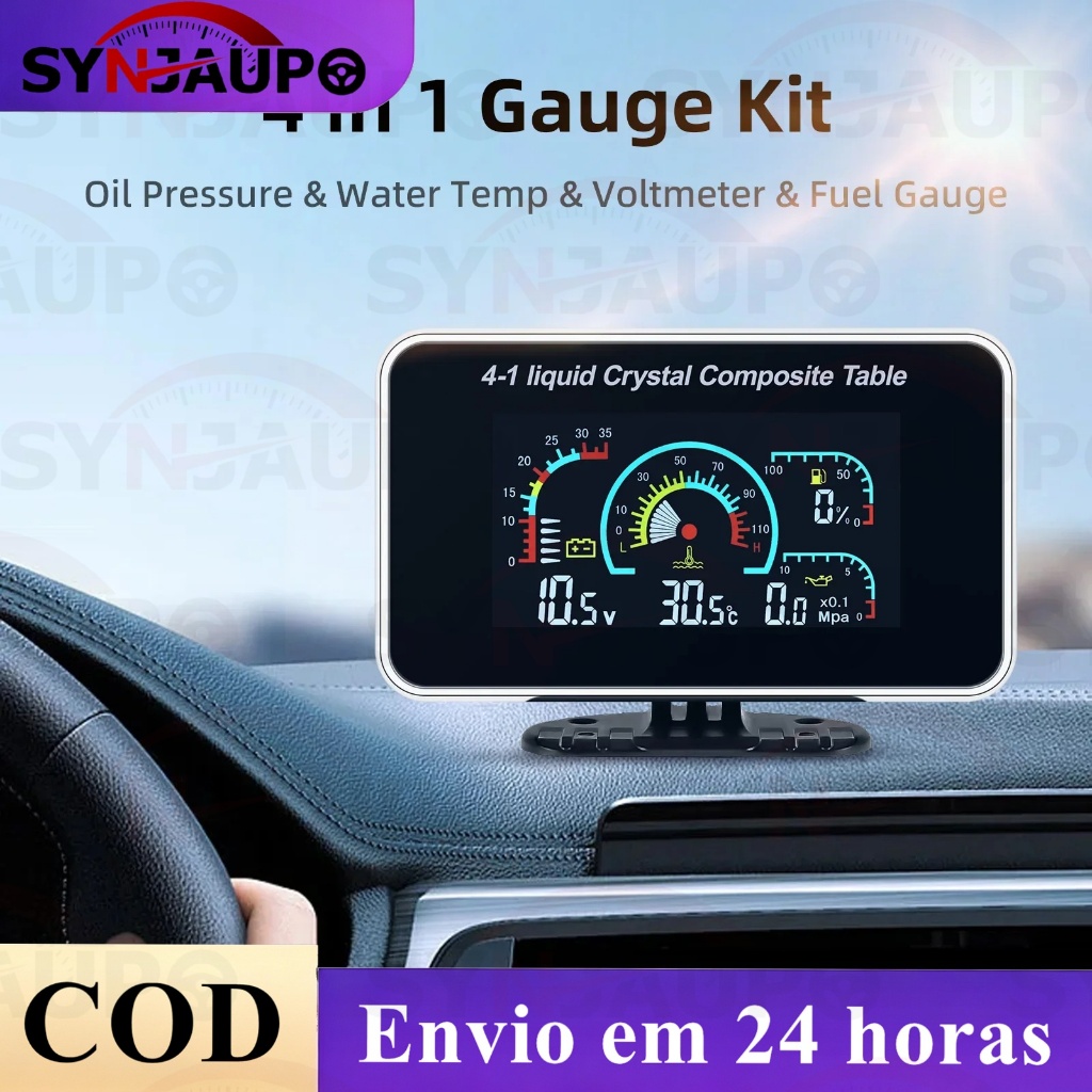 Painel De Instrumentos 4 Em 1 Universal LCD Carro Alarme Digital Voltímetro De Óleo Pressão Temp . Água Combustível 12V