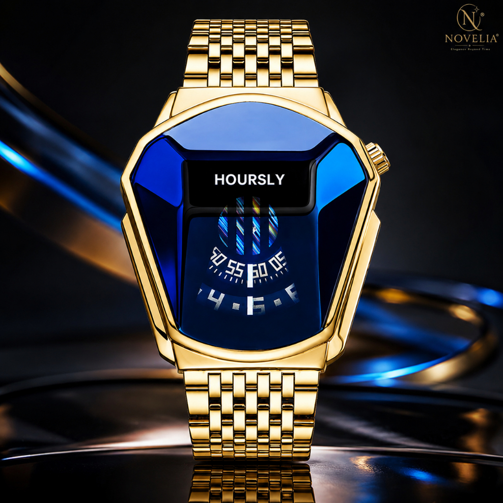 Relógio Masculino Digital LED Dourado Pulseira de Aço Mostrador Azul Luxo
