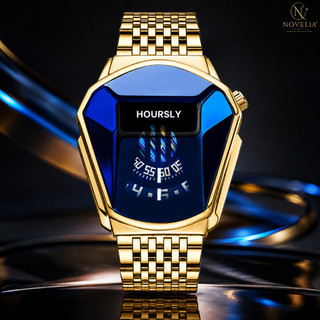 Relógio Masculino Digital LED Dourado Pulseira de Aço Mostrador Azul Luxo