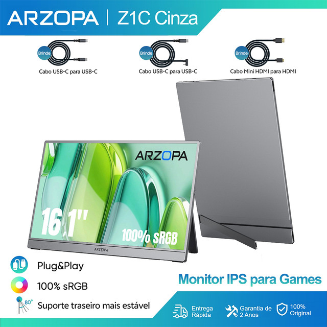 Arzopa Z1C Cinza-Monitor Portátil Com Suporte 100 % sRGB De 16.1 " , 1080P FHD Tela De Extensão De USB C HDMI Para PC