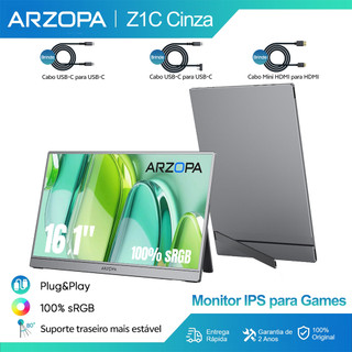 Arzopa Z1C Cinza-Monitor Portátil Com Suporte 100 % sRGB De 16.1 " , 1080P FHD Tela De Extensão De USB C HDMI Para PC