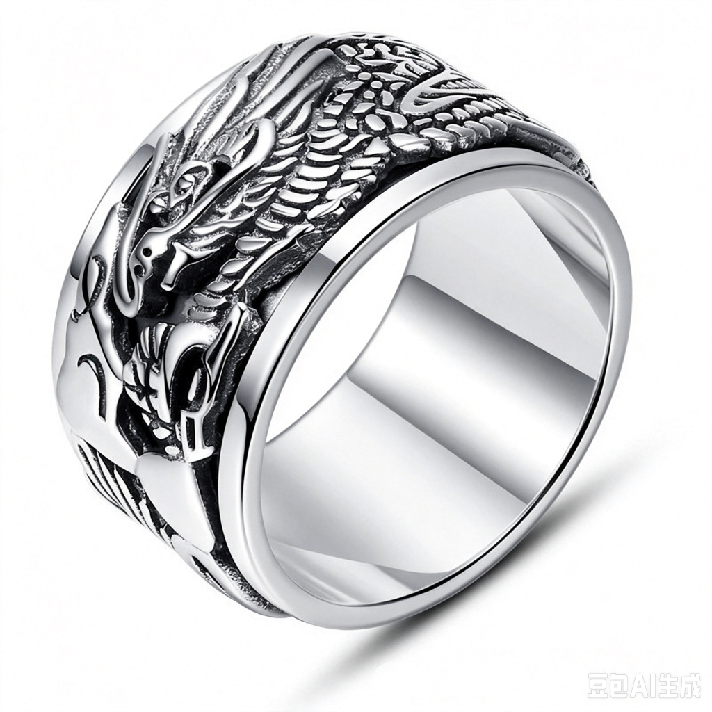 Anel De Prata Esterlina Banhado A S925 Masculino Com De Dragão Auspicioso Giratório Retrô Rosto Largo Dominar O Dedo Nov
