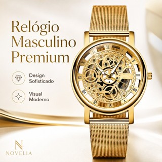 Malha de ouro mecânica de imitação romana oca transparente transparente com relógio de quartzo