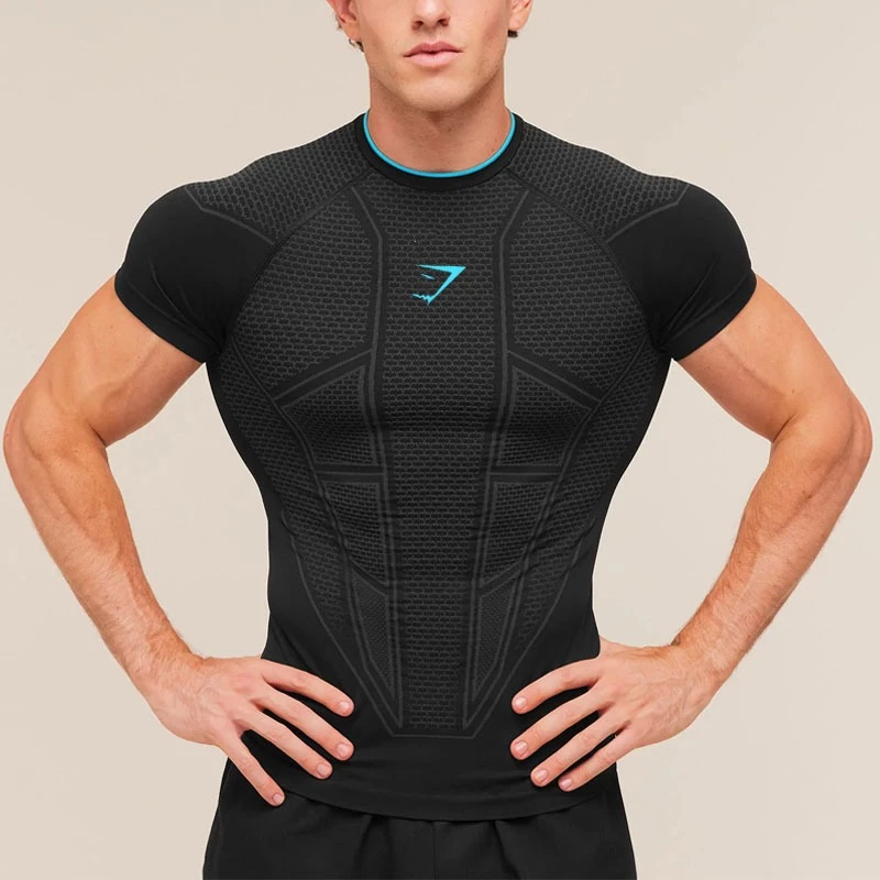 Novo estilo de Fitness de manga curta masculino fino ajuste muscular estiramento de secagem rápida B — imagem 1