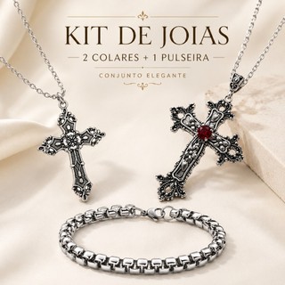 Kit Acessórios Masculinos 3 Peças 2 Colares Cruz + Pulseira Corrente Estilo Punk Gothic Moda
