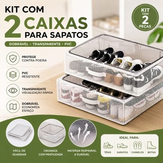 Kit 2 Caixa Organizadora de Sapatos Dobrável Transparente PVC Economiza Espaço