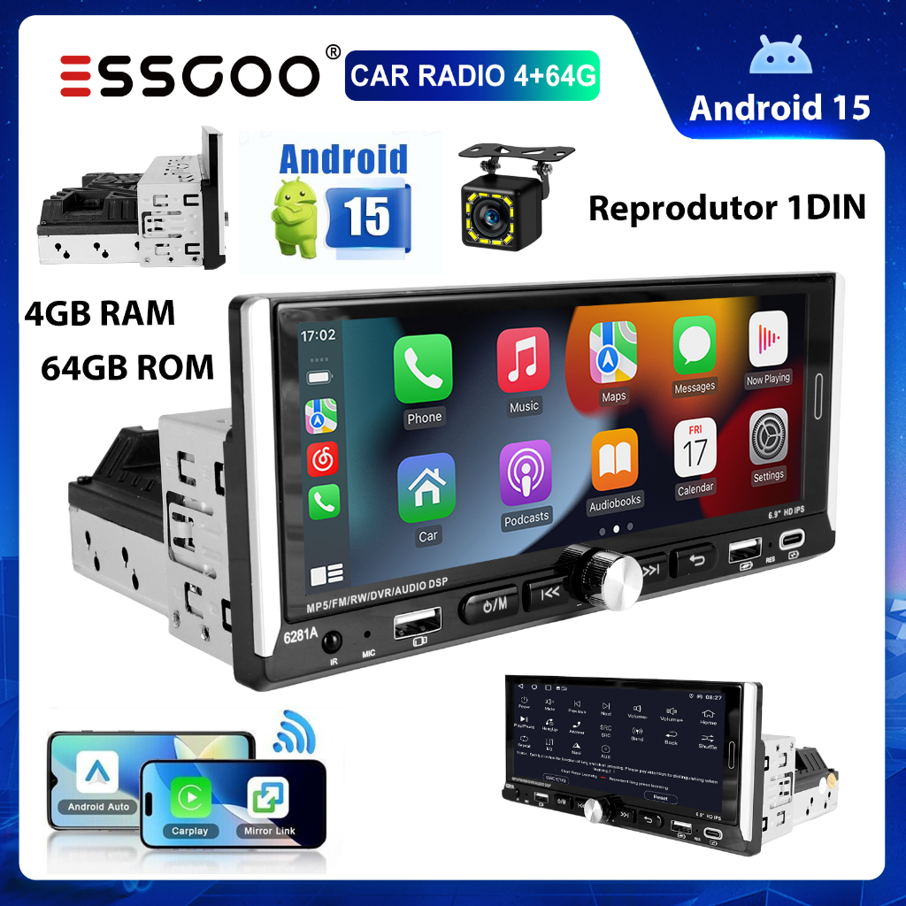 ESSGOO 1 Din 6.9 Polegada IPS Tela Car Player Android 15 4 + 64GB Com Carplay Auto GPS SWC ASP BT FM CAM Traseira