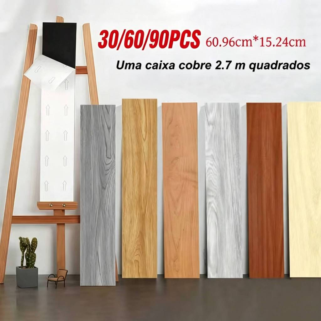 90PCS/8.1㎡ Adesivo de Piso Madeira Moderno Antiderrapante Lavável 60x15cm vinílico